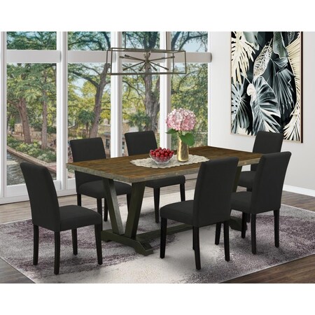 East West Furniture 7 Piece V-Style Dining Room Table Set - Black V677AB624-7